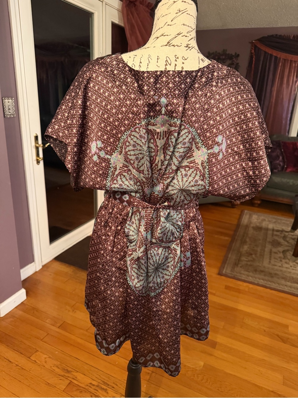 Vintage Y2K forever 21 Boho Maroon and Dusty Blue Medallion Print with Belt - Picture 5 of 6